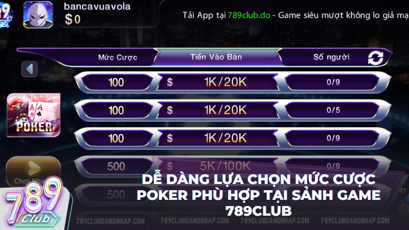 Khám phá sảnh Poker 789Club với hệ thống bàn cược đa dạng, hấp dẫn